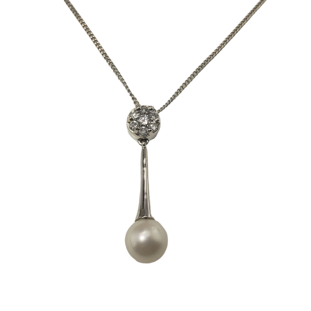 Vintage 14 Karat White Gold Pearl And Diamond Pendant Necklace #13088